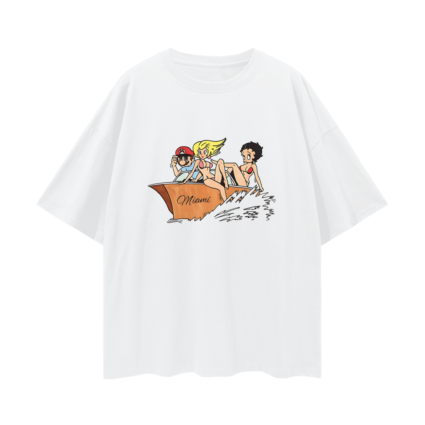 Funny Mario Peach & Betty Boop Miami Boat Graphic Oversized T Shirt