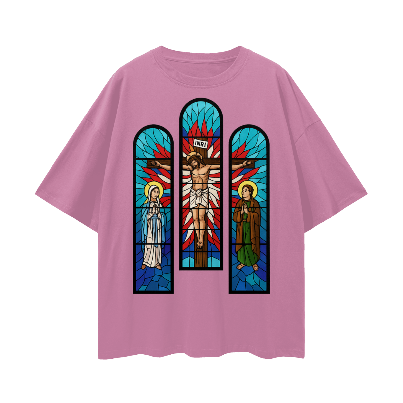Religious Jesus Cathedral Glass Graphic Oversized T Shirt