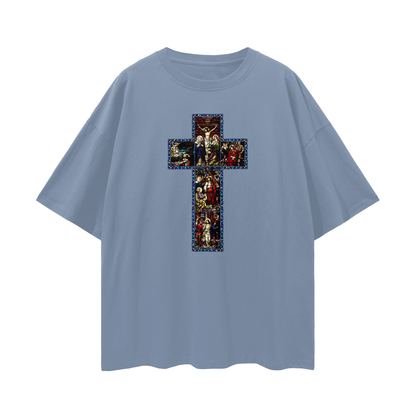 Religious Jesus Cathedral Glass Graphic Oversized T Shirt