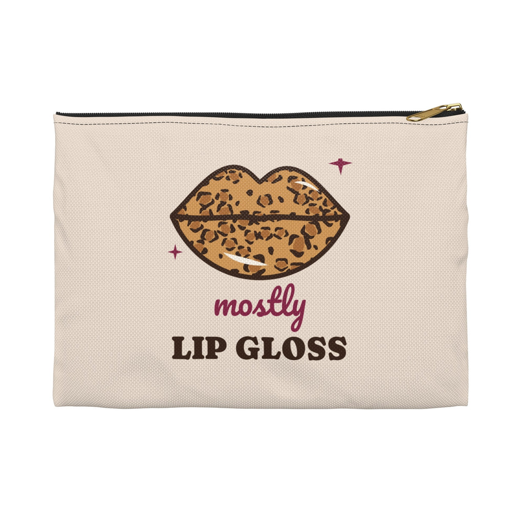 Mostly Lip Gloss leopard lips makeup bag, black zipper, front