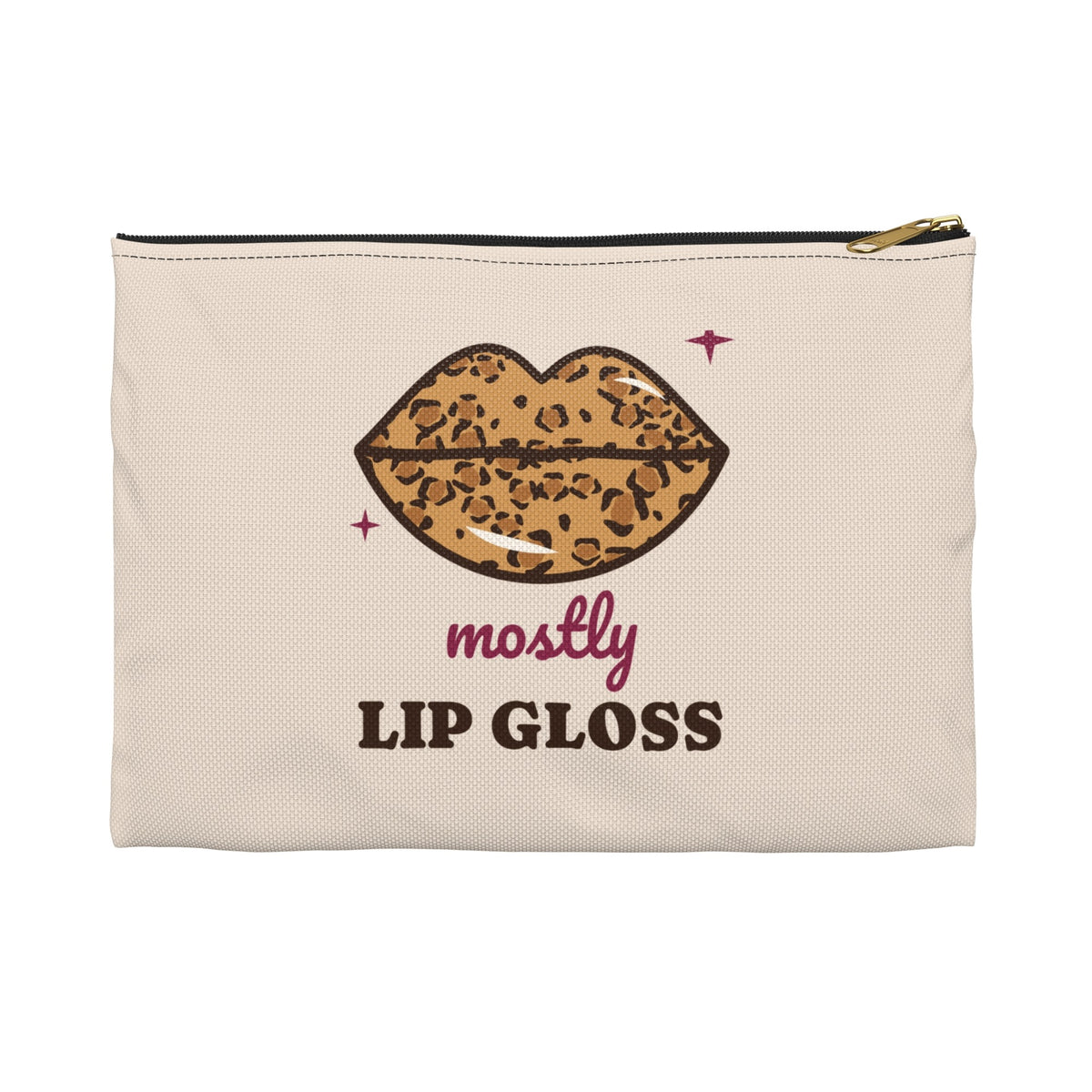 Mostly Lip Gloss leopard lips makeup bag, black zipper, front