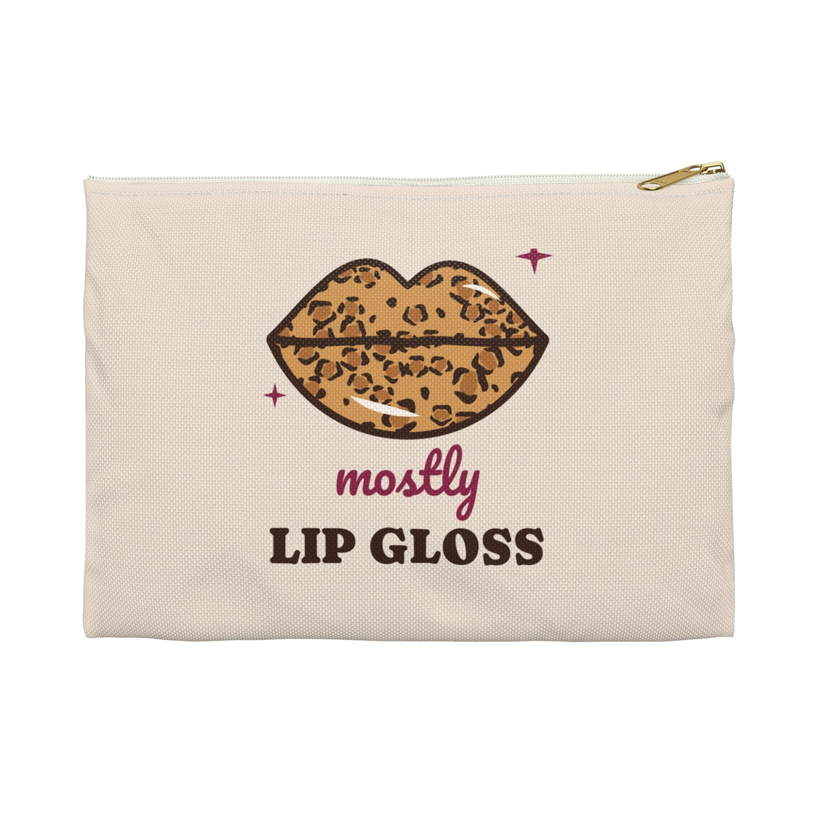 Mostly Lip Gloss leopard lips makeup bag, white zipper, front