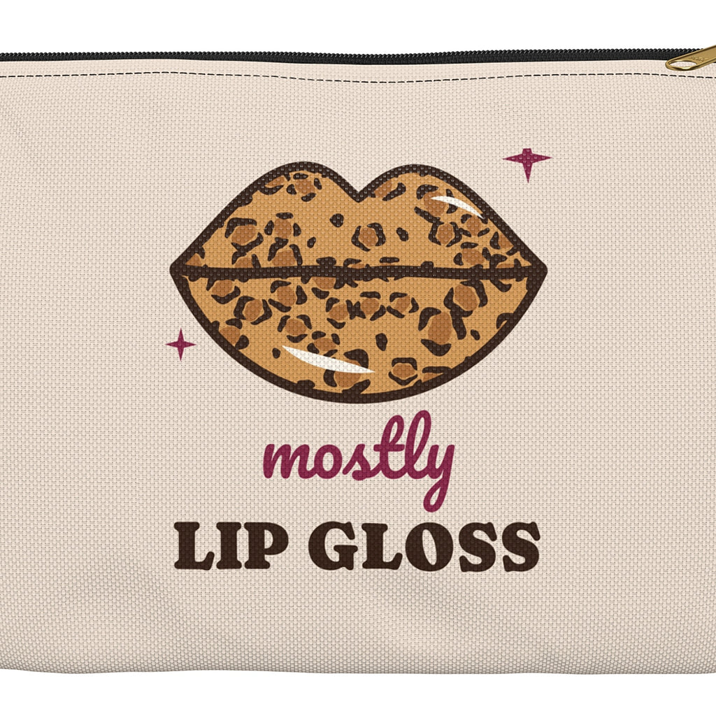 Close-up of leopard print lips and Mostly Lip Gloss text