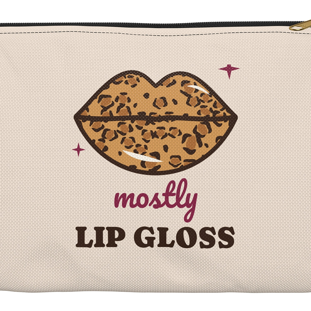 Close-up of leopard print lips and Mostly Lip Gloss text