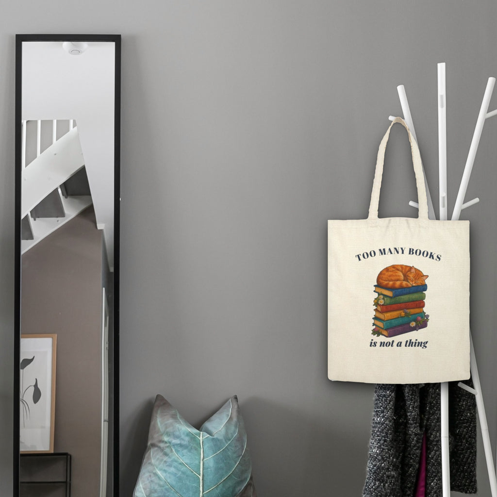 Too Many Books Is Not a Thing Tote Bag, Sleeping Cat on Books, Book Lover Gift