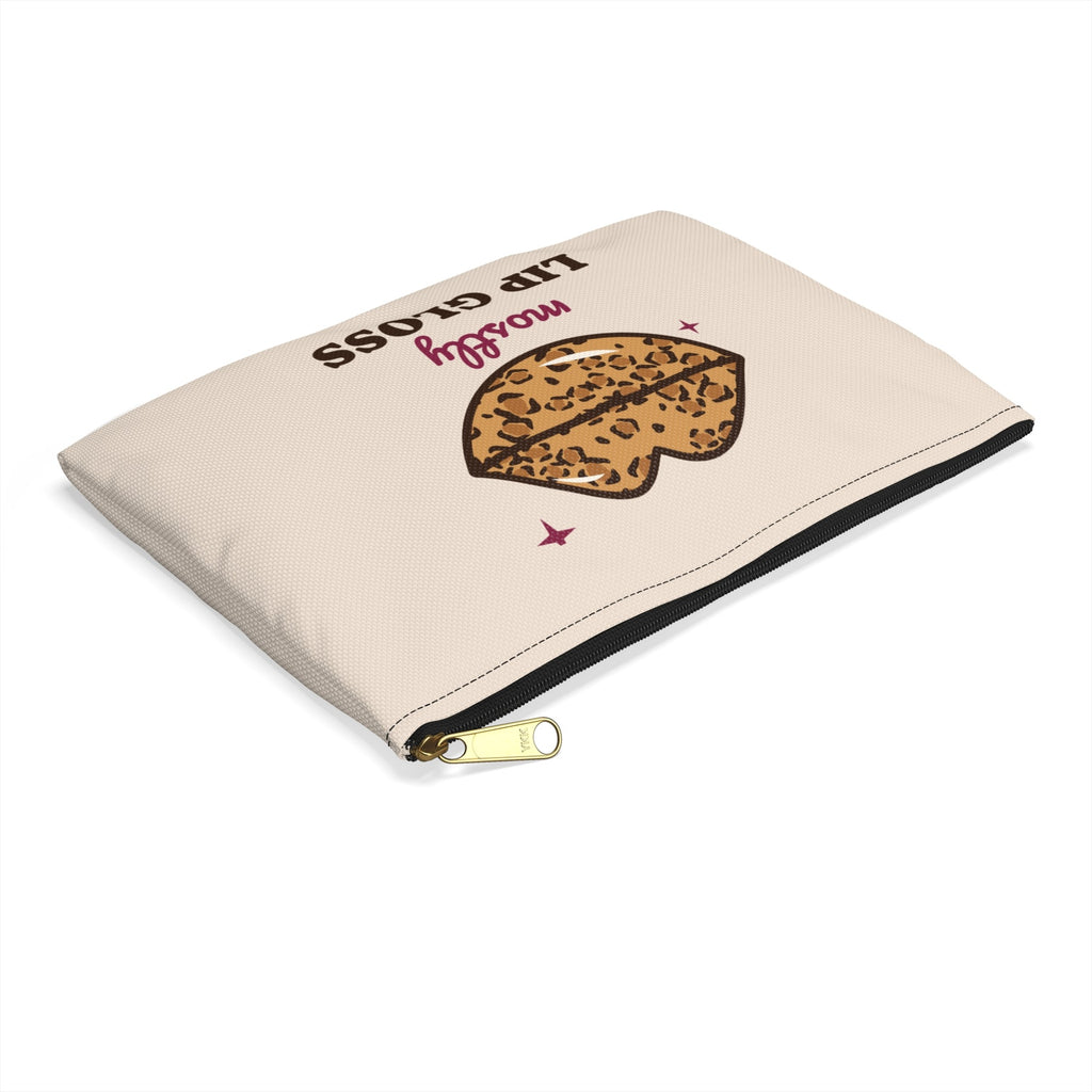 Leopard lips makeup bag, black zipper, angled view