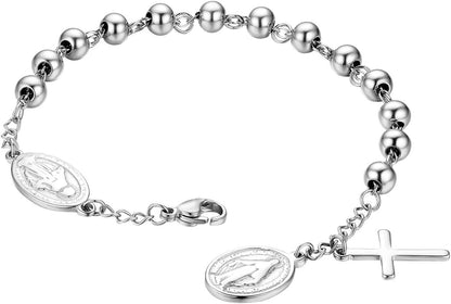 Cross Rosary Beads Bracelet Vintage Stainless Steel Jesus Christ Crucifix Cross Wristband for Men Women Christmas Wedding
