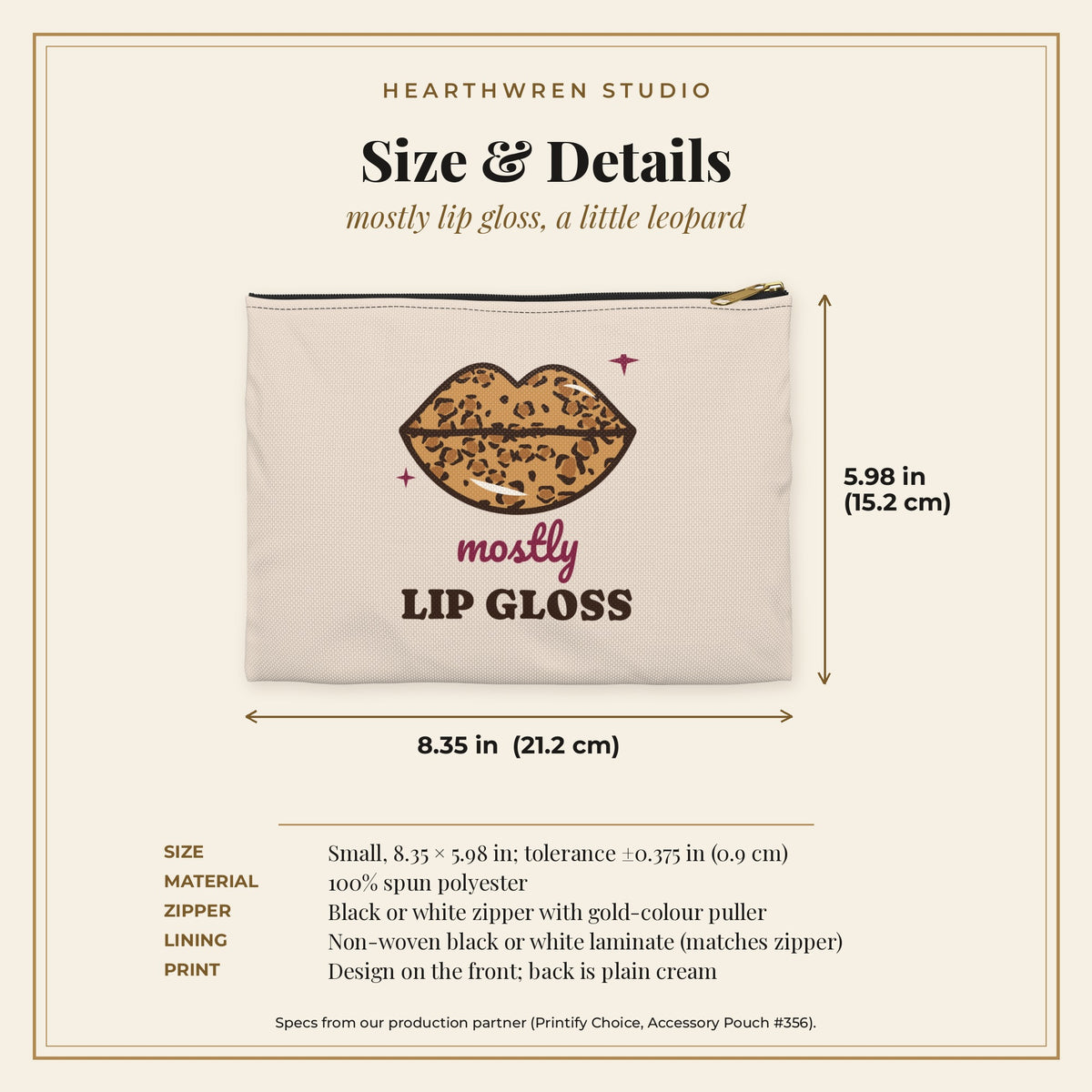 Size and details card: 8.35 x 5.98 in makeup bag