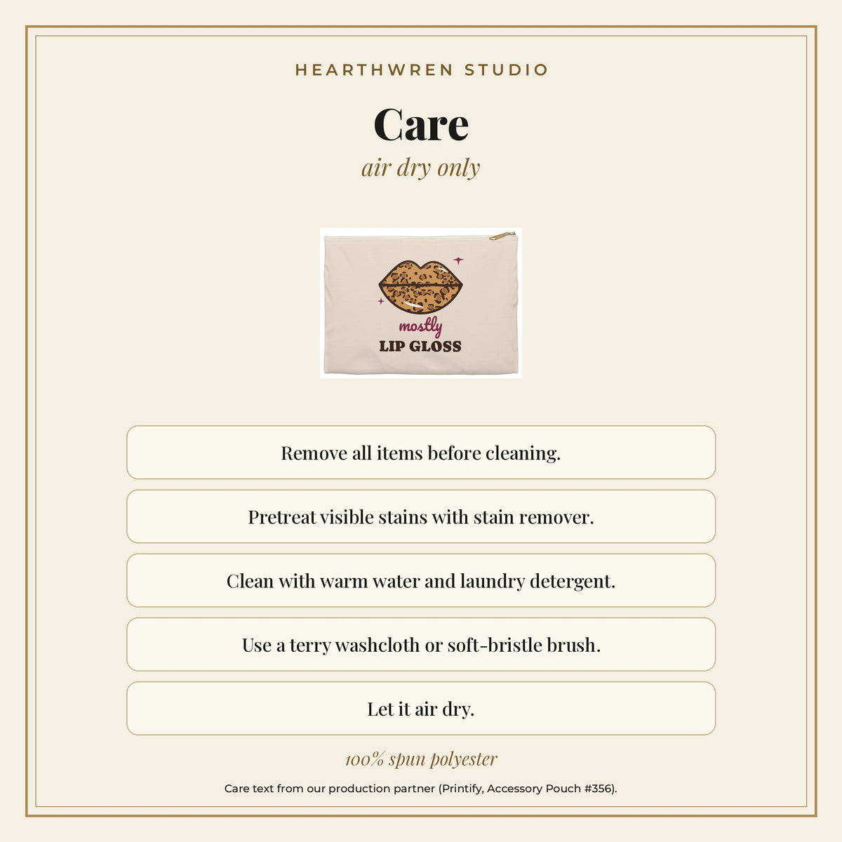 Care card: wipe clean with warm soapy water, air dry