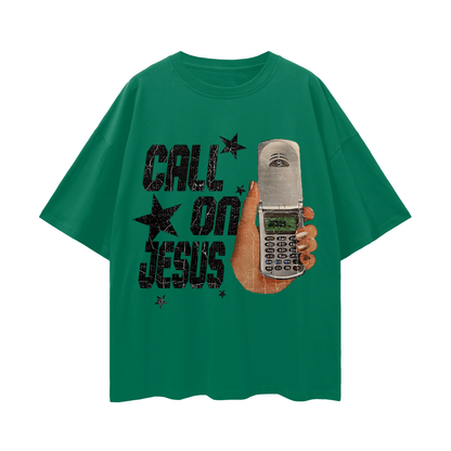 Religious Call On Jesus Cell Phone Y2K Vintage Like Graphic Oversized T Shirt