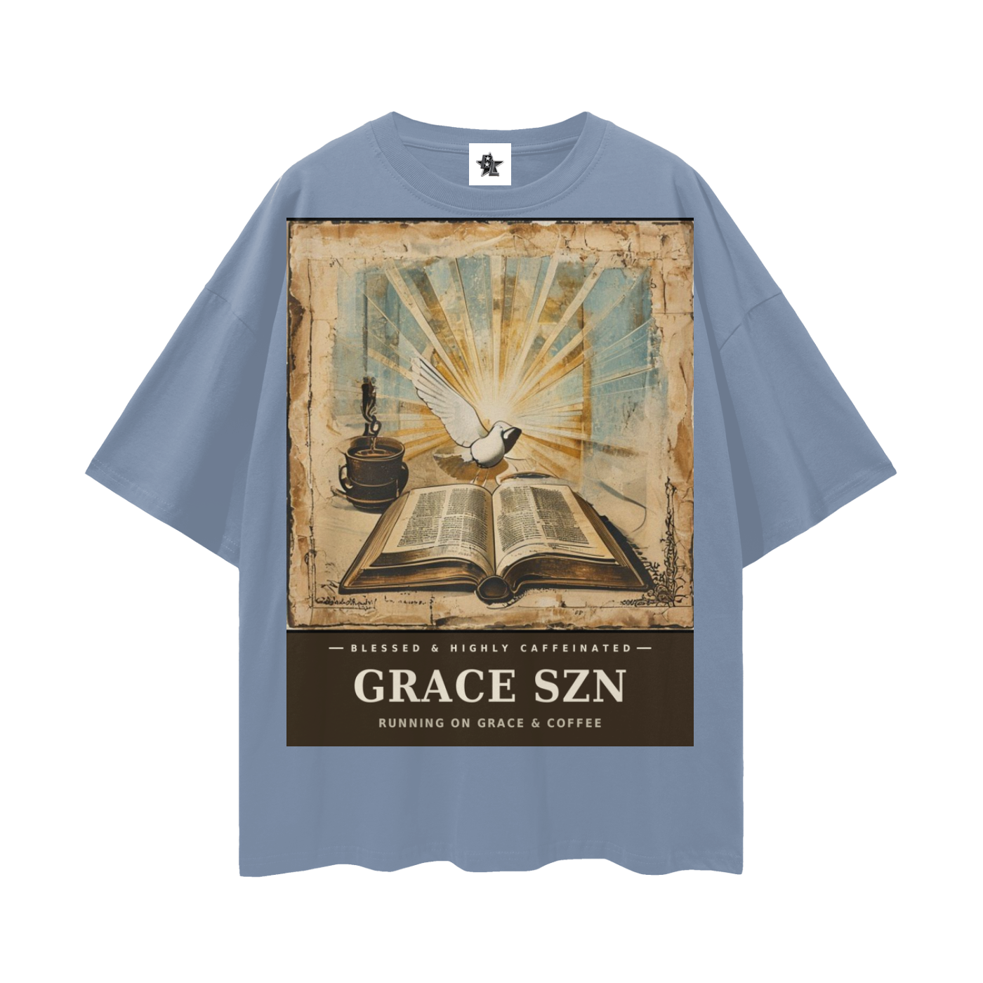 Grace SZN Tee - Blessed & Highly Caffeinated | Vintage Bootleg Collage Faith Oversized Graphic Tee