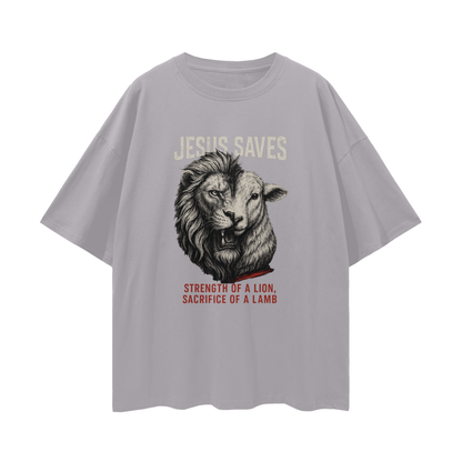 Religious "Jesus Saves – The Lion & The Lamb" Graphic Oversized T Shirt