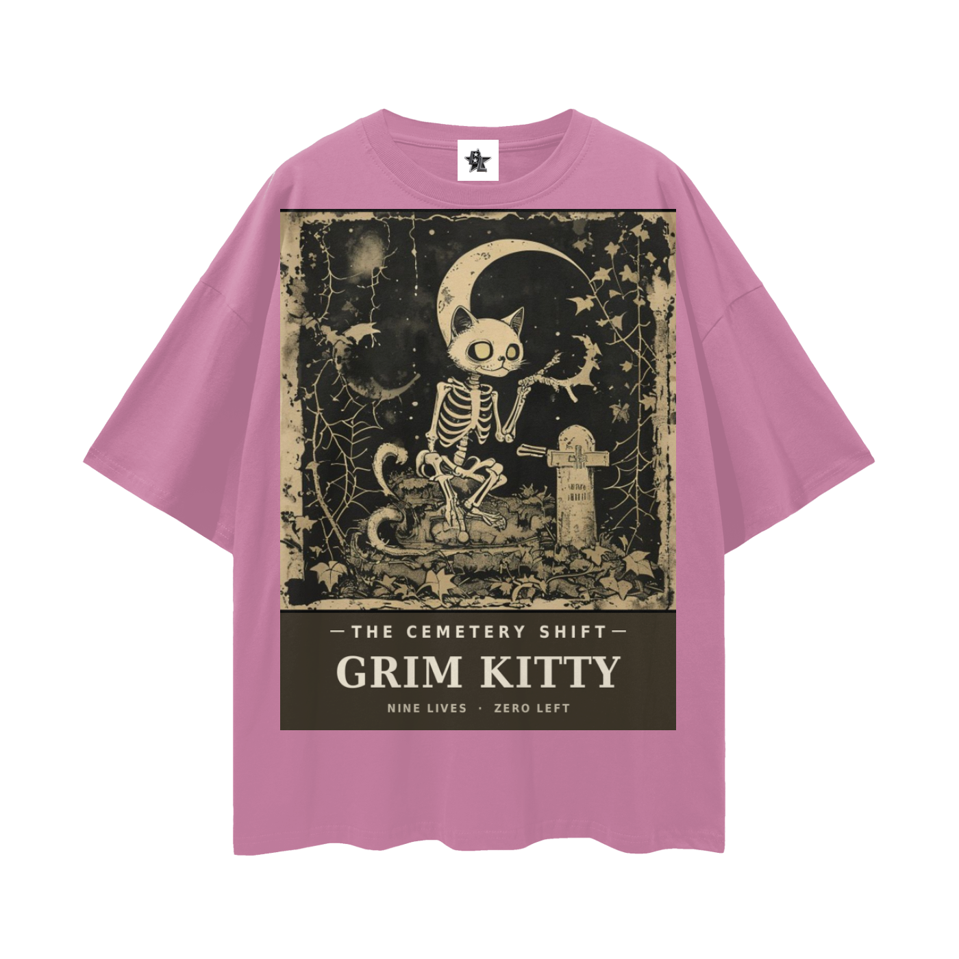 Grim Kitty Cemetery Shift Tee | Gothic Halloween Bootleg Oversized Graphic Tee