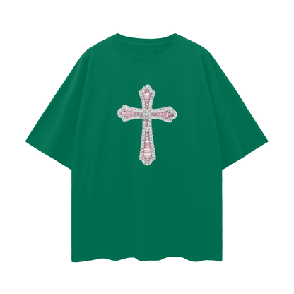 Vintage Like Religious Pink Cross Diamond Blinged Out Graphic Oversized T Shirt