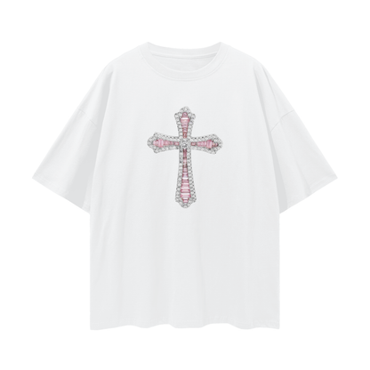 Vintage Like Religious Pink Cross Diamond Blinged Out Graphic Oversized T Shirt