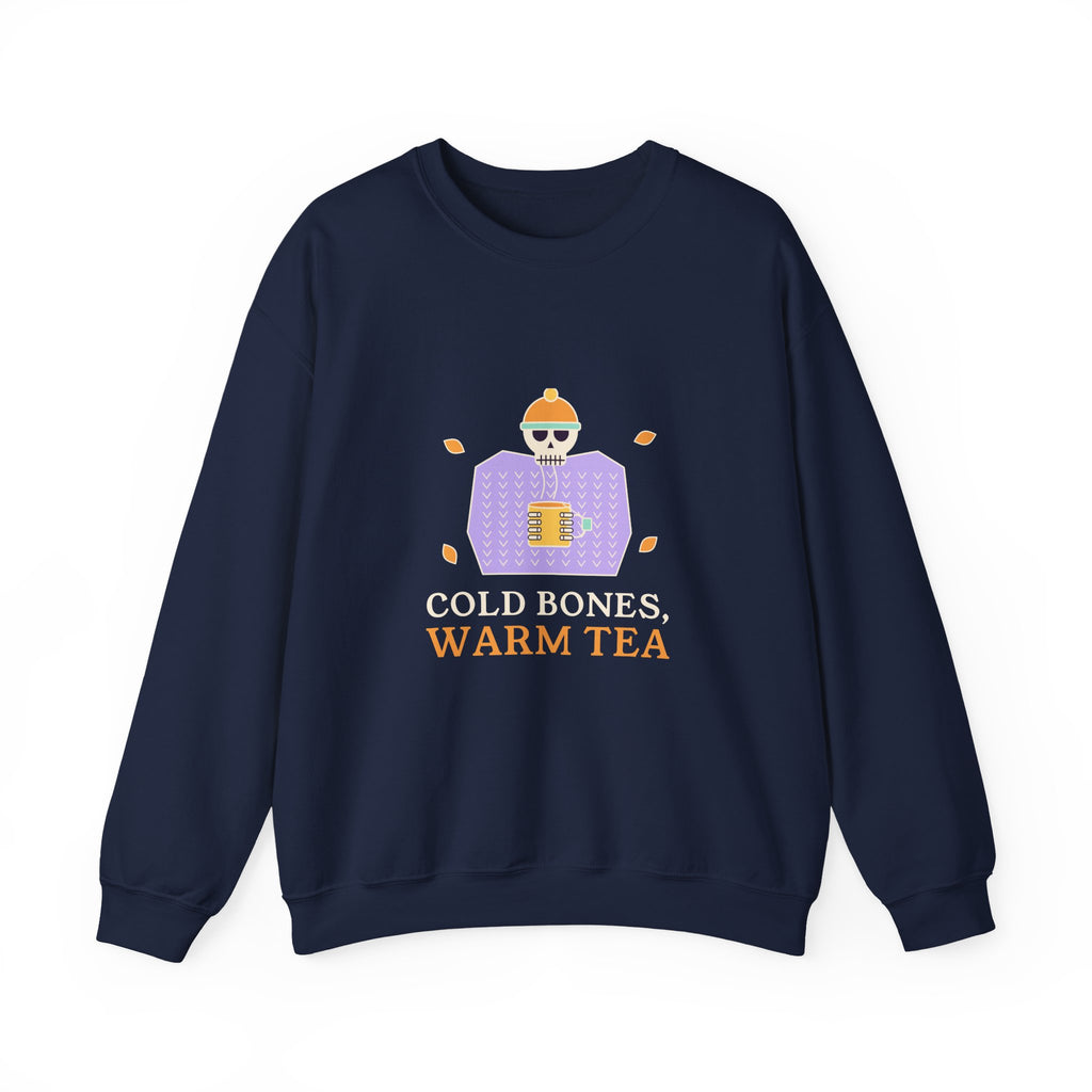 Cold Bones Warm Tea Sweatshirt, Cozy Skeleton Halloween Crewneck, Tea Lover Fall Sweatshirt, Cute Spooky Season Pullover for Her