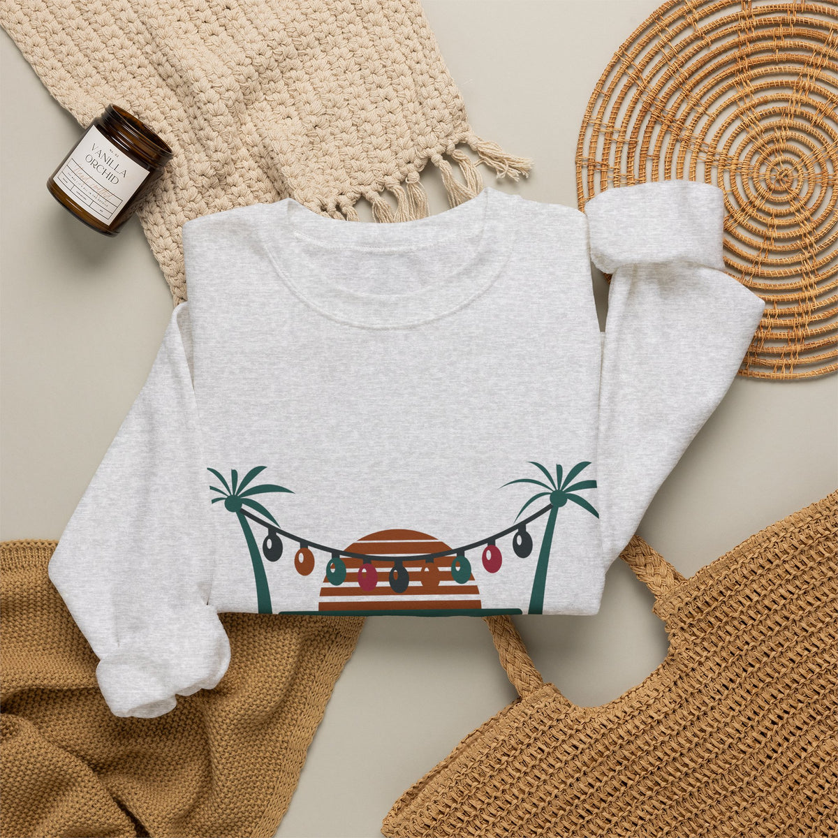 Tropical Christmas Sweatshirt, Palm Trees and String Lights Crewneck, Beach Christmas Shirt, Coastal Holiday Gift for Her