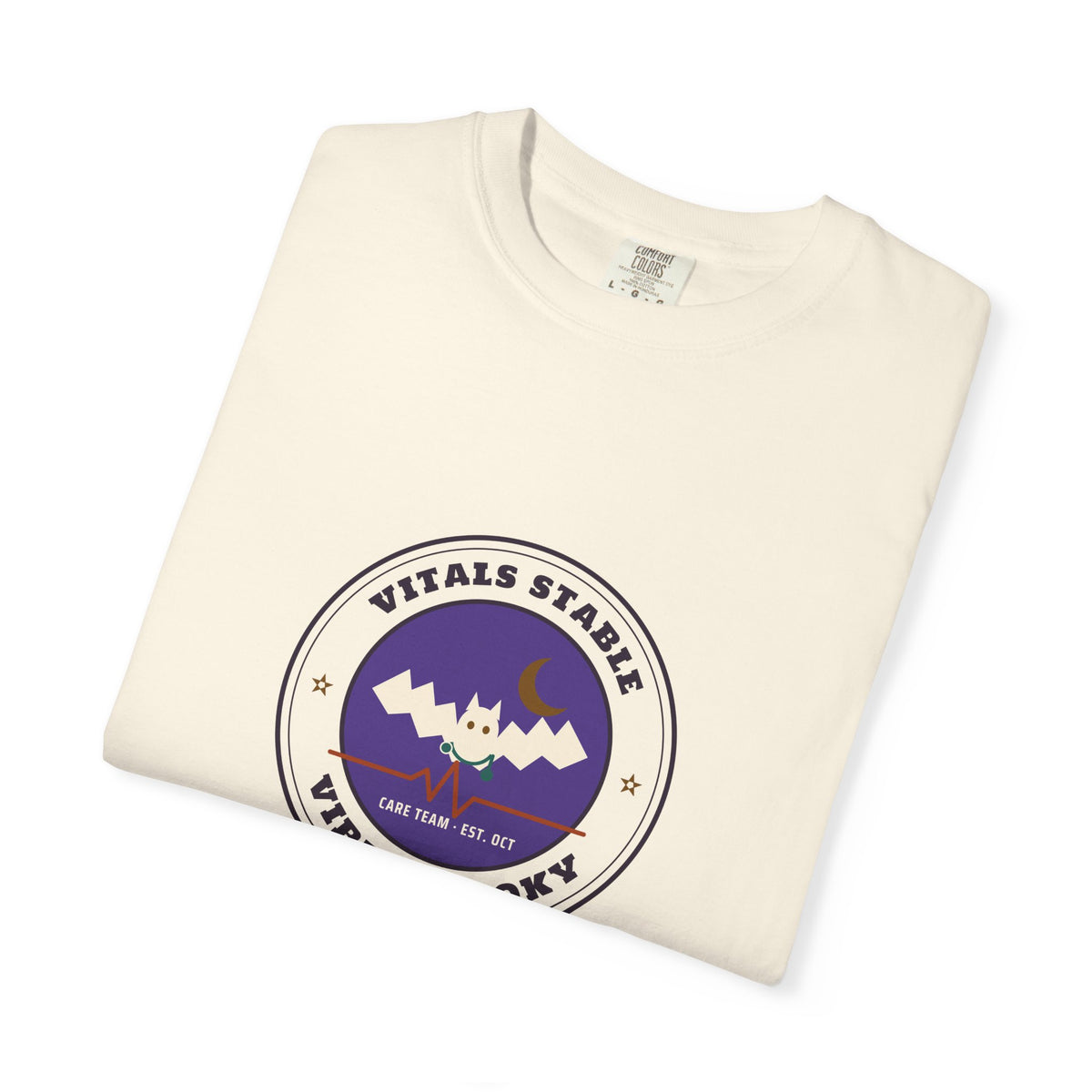 Vitals Stable Vibes Spooky Nurse Shirt, Vintage Badge Halloween Nurse Tee, Bat Stethoscope Heartbeat T-Shirt, Garment-Dyed Nurse Gift