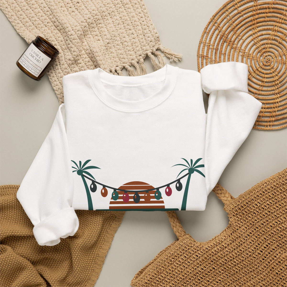 Tropical Christmas Sweatshirt, Palm Trees and String Lights Crewneck, Beach Christmas Shirt, Coastal Holiday Gift for Her