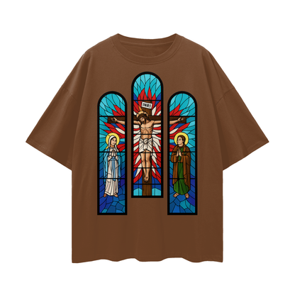 Religious Jesus Cathedral Glass Graphic Oversized T Shirt