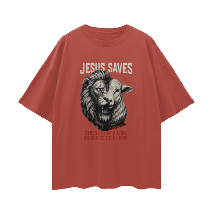 Religious "Jesus Saves – The Lion & The Lamb" Graphic Oversized T Shirt