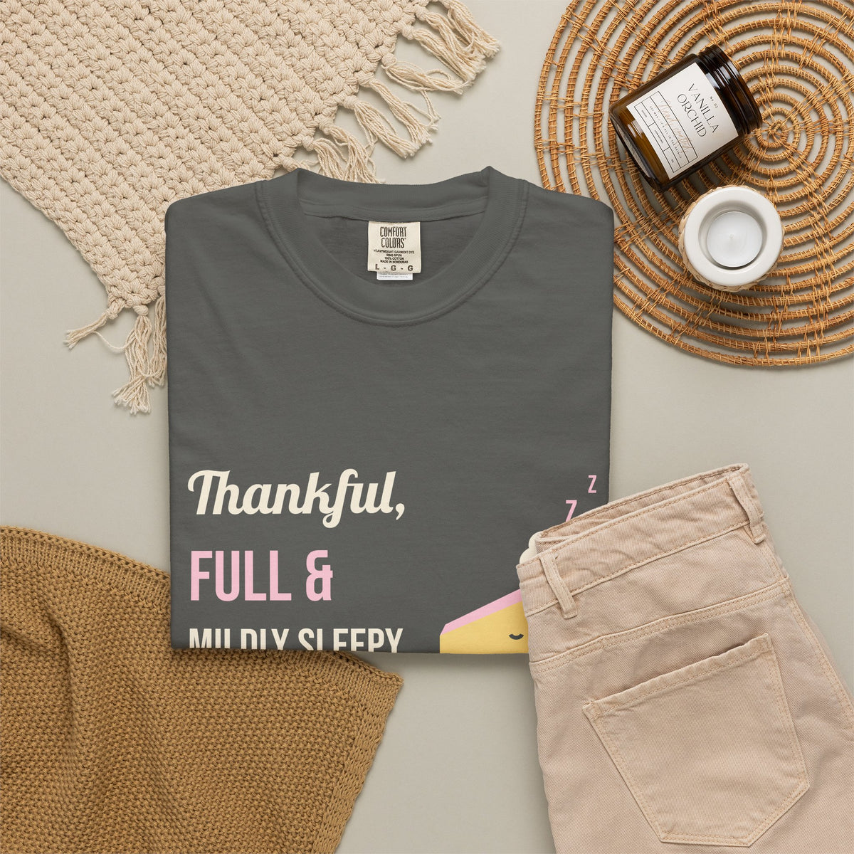Friendsgiving Shirt, Thankful Full and Mildly Sleepy Tee, Funny Thanksgiving Shirt for Women, Garment-Dyed Fall Tee