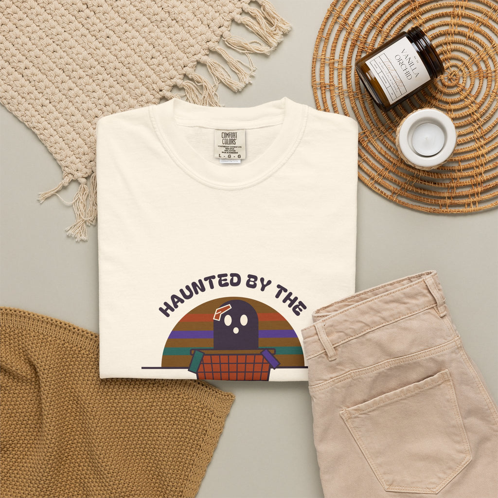 Haunted by the Laundry Pile Tee, Retro 70s Halloween Mom Shirt, Funny Mom Life Ghost Laundry T-Shirt, Garment-Dyed Spooky Season Gift