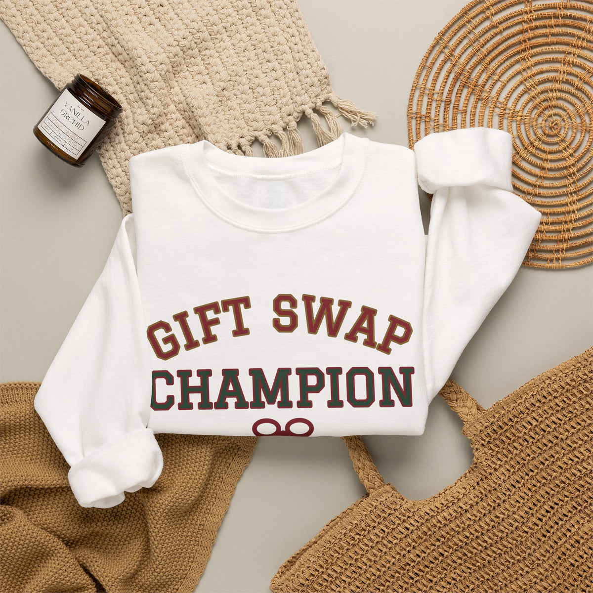 Christmas Sweatshirt for Women, Gift Swap Champion Varsity Crewneck, Gift Exchange Shirt, Holiday Party Sweatshirt