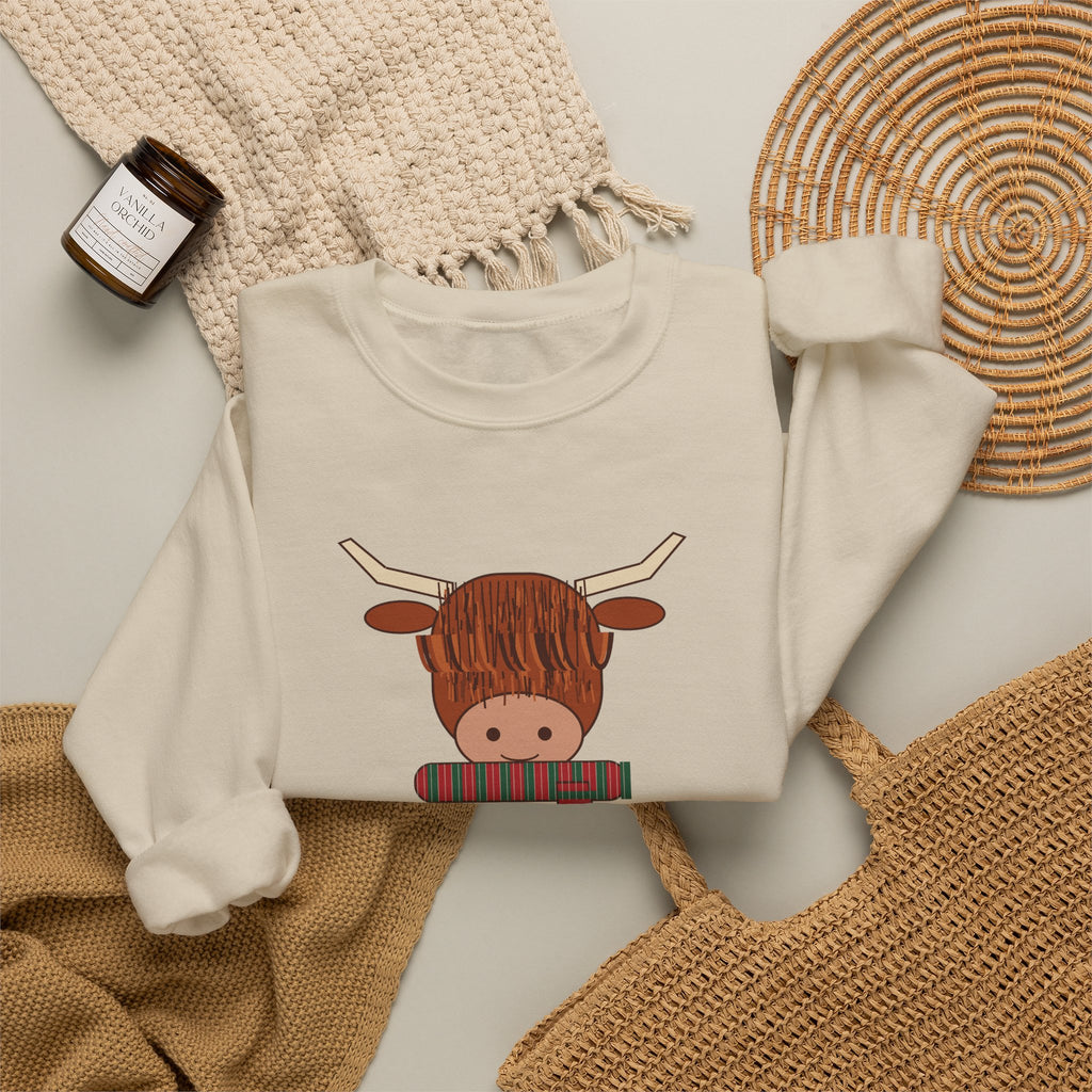 Hairy Christmas Highland Cow Scarf Sweatshirt