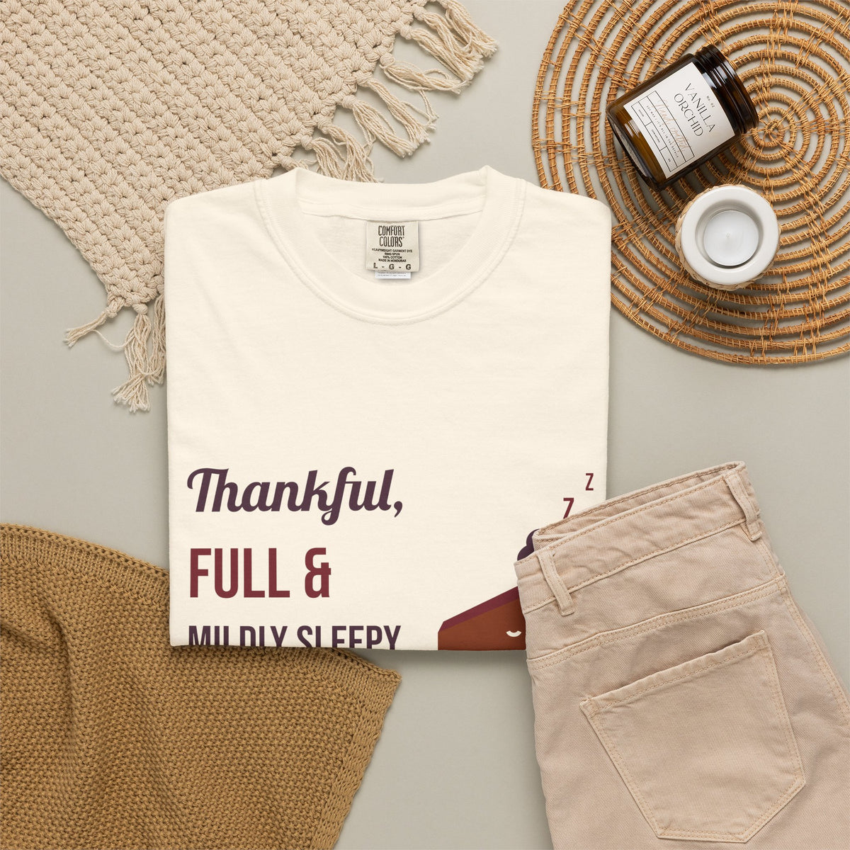 Friendsgiving Shirt, Thankful Full and Mildly Sleepy Tee, Funny Thanksgiving Shirt for Women, Garment-Dyed Fall Tee
