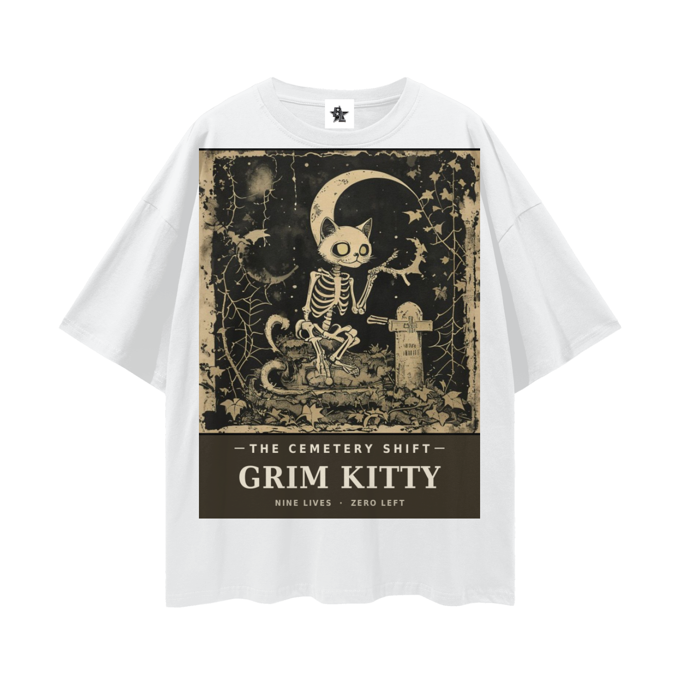 Grim Kitty Cemetery Shift Tee | Gothic Halloween Bootleg Oversized Graphic Tee