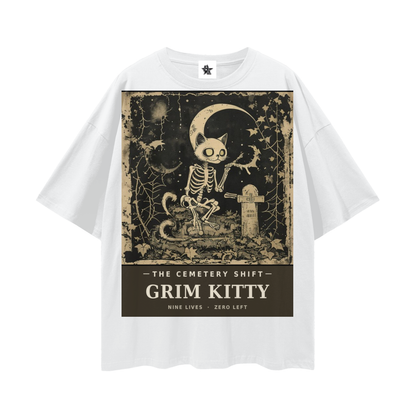 Grim Kitty Cemetery Shift Tee | Gothic Halloween Bootleg Oversized Graphic Tee