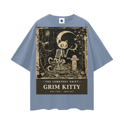 Grim Kitty Cemetery Shift Tee | Gothic Halloween Bootleg Oversized Graphic Tee