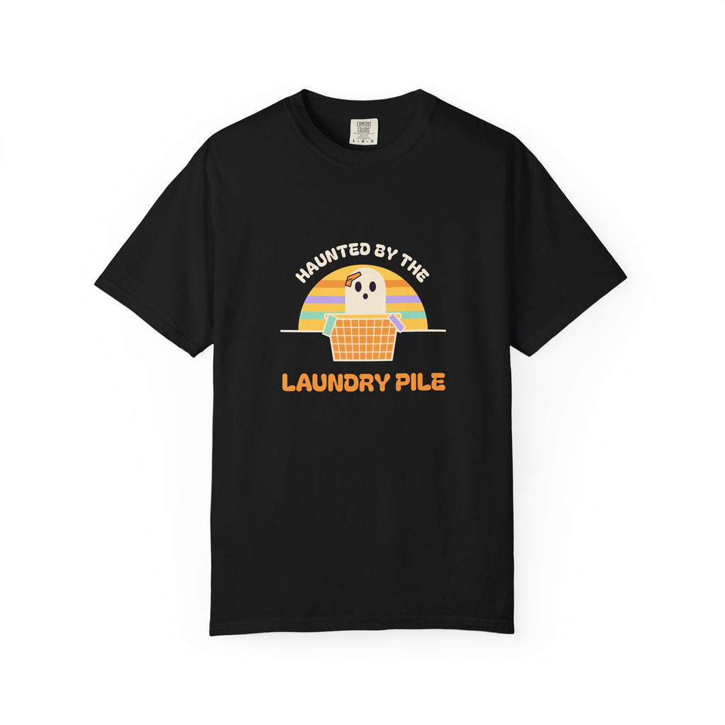 Haunted by the Laundry Pile Tee, Retro 70s Halloween Mom Shirt, Funny Mom Life Ghost Laundry T-Shirt, Garment-Dyed Spooky Season Gift