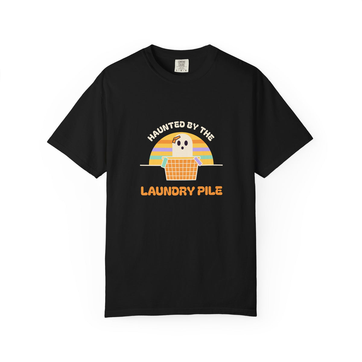Haunted by the Laundry Pile Tee, Retro 70s Halloween Mom Shirt, Funny Mom Life Ghost Laundry T-Shirt, Garment-Dyed Spooky Season Gift