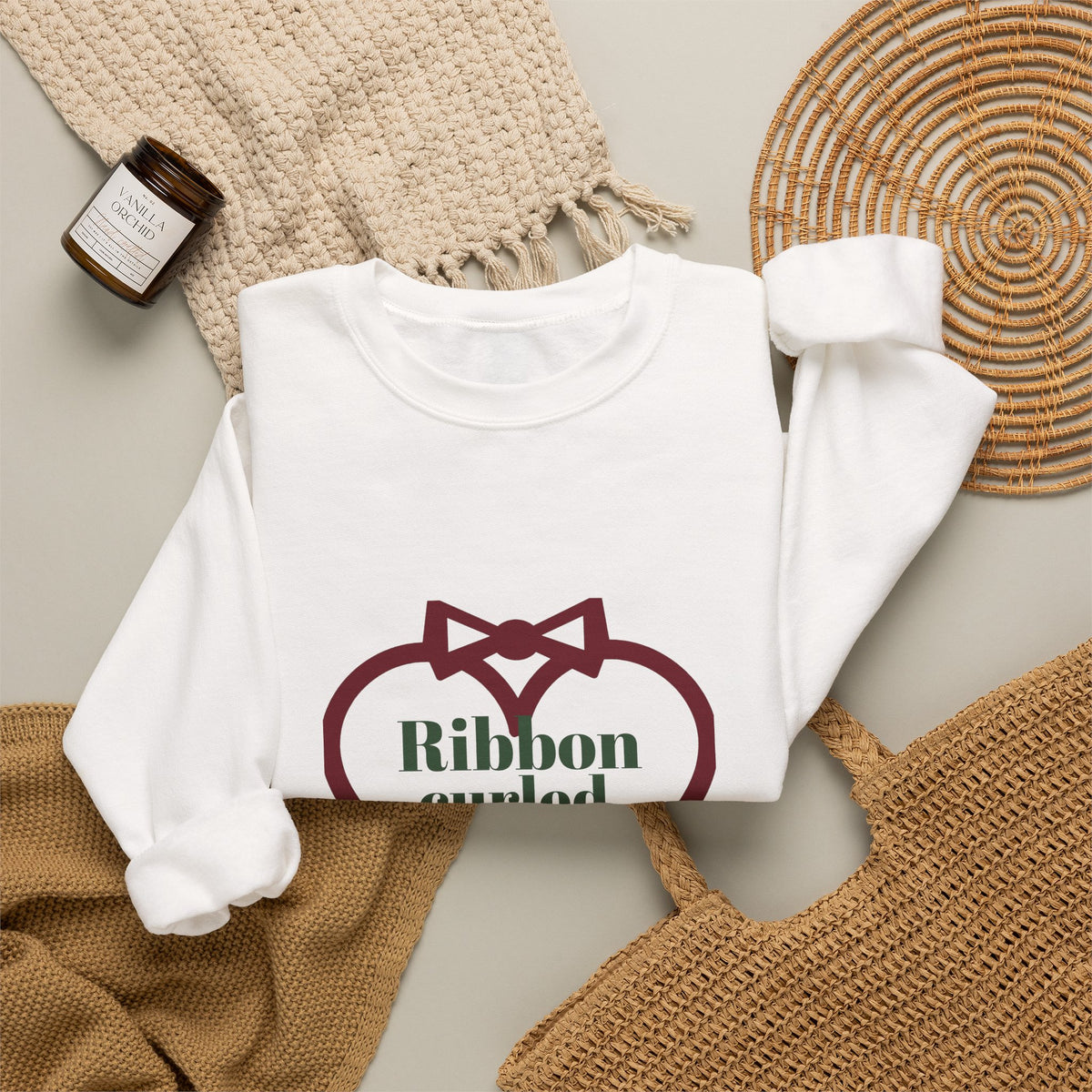 Christmas Sweatshirt, Ribbon Curled Heart Full Crewneck, Cozy Holiday Sweatshirt for Women, Christmas Gift for Her