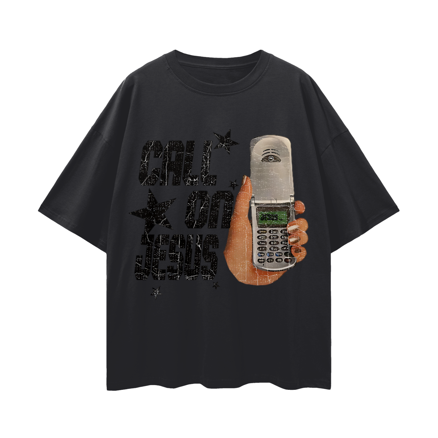 Religious Call On Jesus Cell Phone Y2K Vintage Like Graphic Oversized T Shirt