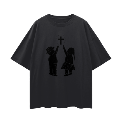 Religious Jesus Children Pointing To Cross Graphic Oversized T Shirt