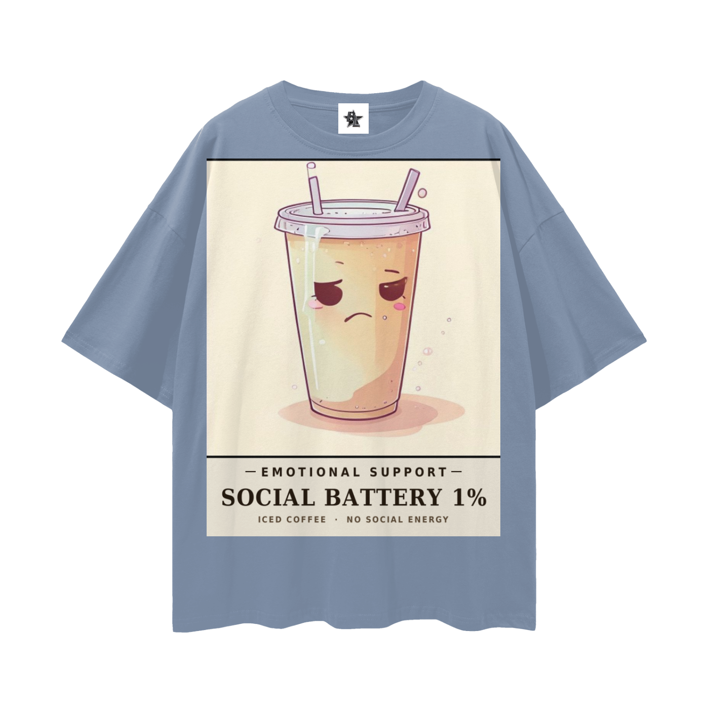 Emotional Support Iced Coffee Tee - Social Battery 1% | Y2K Chrome Introvert Oversized Graphic Tee