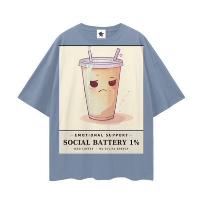 Emotional Support Iced Coffee Tee - Social Battery 1% | Y2K Chrome Introvert Oversized Graphic Tee