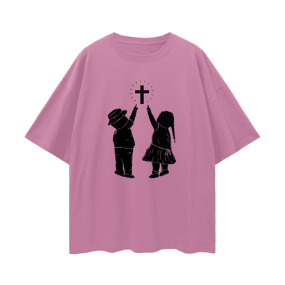 Religious Jesus Children Pointing To Cross Graphic Oversized T Shirt