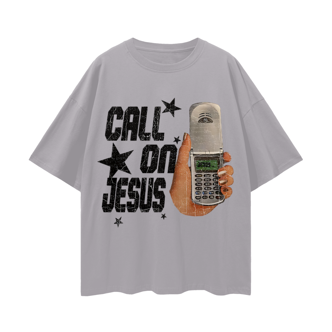 Religious Call On Jesus Cell Phone Y2K Vintage Like Graphic Oversized T Shirt