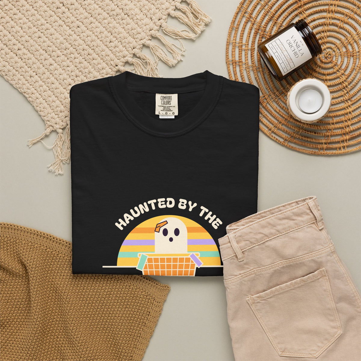 Haunted by the Laundry Pile Tee, Retro 70s Halloween Mom Shirt, Funny Mom Life Ghost Laundry T-Shirt, Garment-Dyed Spooky Season Gift