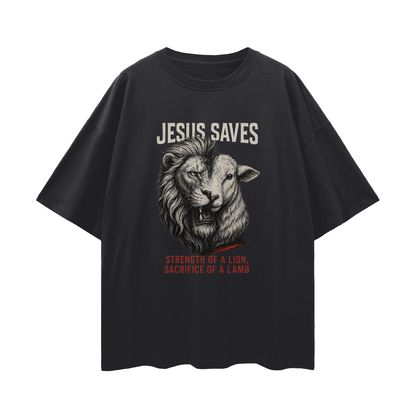 Religious "Jesus Saves – The Lion & The Lamb" Graphic Oversized T Shirt