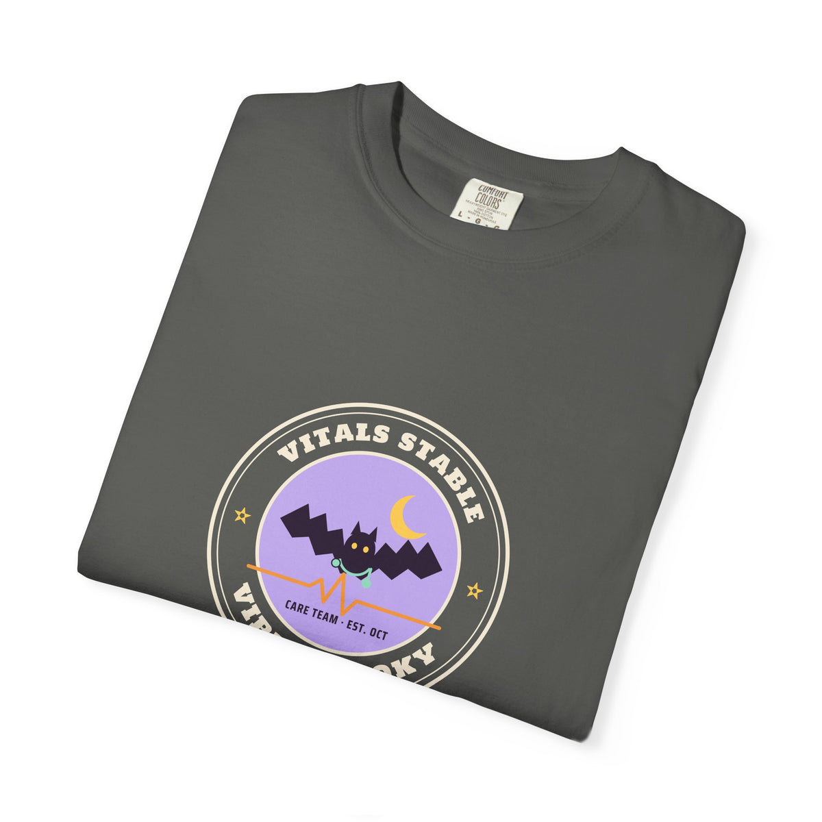 Vitals Stable Vibes Spooky Nurse Shirt, Vintage Badge Halloween Nurse Tee, Bat Stethoscope Heartbeat T-Shirt, Garment-Dyed Nurse Gift