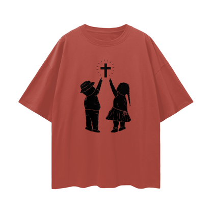 Religious Jesus Children Pointing To Cross Graphic Oversized T Shirt