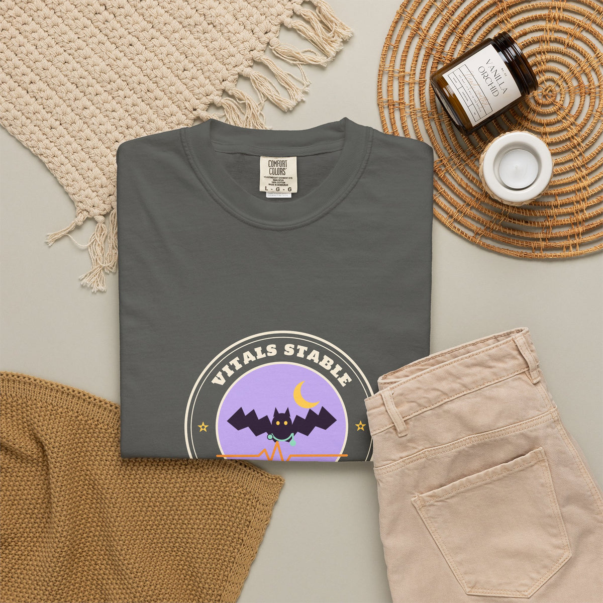 Vitals Stable Vibes Spooky Nurse Shirt, Vintage Badge Halloween Nurse Tee, Bat Stethoscope Heartbeat T-Shirt, Garment-Dyed Nurse Gift