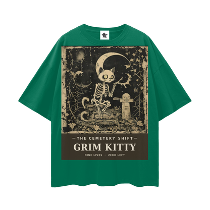 Grim Kitty Cemetery Shift Tee | Gothic Halloween Bootleg Oversized Graphic Tee