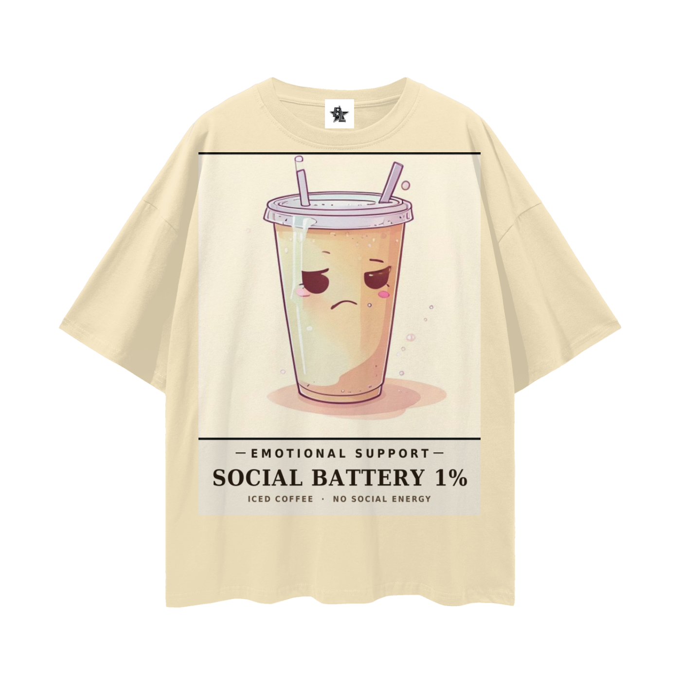 Emotional Support Iced Coffee Tee - Social Battery 1% | Y2K Chrome Introvert Oversized Graphic Tee