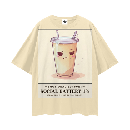 Emotional Support Iced Coffee Tee - Social Battery 1% | Y2K Chrome Introvert Oversized Graphic Tee